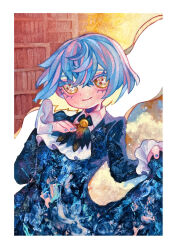  1girl angela_(project_moon) armor ascot black_coat black_skirt bookshelf closed_mouth coat collared_shirt commentary_request highres impasto library_of_ruina looking_at_viewer mochigome_138 painting_(medium) project_moon shirt shoulder_armor skirt smile solo sparkling_eyes traditional_media watercolor_(medium) white_ascot white_shirt yellow_eyes 