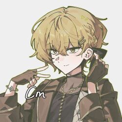  1boy black_bow black_choker black_shirt blonde_hair bow brown_gloves brown_jacket brown_sleeves choker closed_mouth collarbone crew_neck crossed_bangs fingerless_gloves fingernails gloves hair_between_eyes hair_bow half_crown_braid hands_up jacket jewelry lapels light_blush limbus_company long_sleeves looking_at_viewer male_focus necklace portrait project_moon rightcockroach shirt sinclair_(project_moon) smile solo split_mouth suit_jacket tsurime undershirt v white_background yellow_eyes 