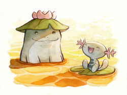  closed_eyes closed_mouth commentary english_commentary evolutionary_line flower lily_pad lily_pad_on_head no_humans nostrils oliver_hamlin open_mouth painting_(medium) partially_submerged pink_flower pokemon pokemon_(creature) pokemon_focus quagsire sitting smile traditional_media water water_lily_flower watercolor_(medium) wooper 