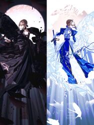  2girls ahoge aqua_eyes armor armored_boots artoria_pendragon_(fate) beak bird bird_wings black_boots black_bow black_cape black_choker black_dress black_sky black_sleeves blonde_hair blue_background blue_bow blue_dress boots bow braid braided_bun breastplate breasts cape choker closed_mouth collarbone crow debg0423 detached_sleeves door dress dual_persona excalibur_(fate/stay_night) excalibur_morgan_(fate) fate/grand_order fate_(series) faulds feathered_wings feathers floating_cape floating_clothes floating_hair flower flying full_armor full_body full_moon gauntlets gradient_background hair_between_eyes hair_bow hair_bun hand_up highres holding holding_flower holding_sword holding_weapon huge_ahoge juliet_sleeves long_sleeves looking_at_object looking_down medium_breasts moon multiple_girls night outdoors pigeon puffy_sleeves red_flower saber_(fate) saber_alter saber_alter_(final_ascension) short_hair sidelocks sky sleeveless sleeveless_dress stairs standing sword two-tone_dress weapon white_armor white_background white_cape white_dress wide_sleeves wings 