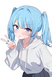  1girl absurdres arahashi_tabi black_skirt blue_eyes blue_hair blush choppy_bangs closed_mouth commentary_request drawstring hand_up highres hood hood_down hoodie korean_commentary long_sleeves looking_at_viewer medium_hair multicolored_hair pleated_skirt saho_4545 simple_background skirt solo stellive streaked_hair sweat tongue tongue_out twintails upper_body v virtual_youtuber white_background white_hoodie 
