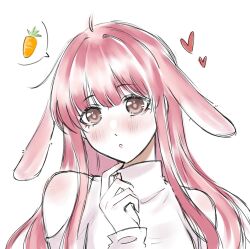  1girl :o animal_ears bare_shoulders blush brown_eyes brown_pupils carrot clothing_cutout commentary dot_nose english_commentary extra_ears eyelashes finger_to_own_chin heart highres kemonomimi_mode lipstick long_hair long_sidelocks long_sleeves lop_rabbit_ears makeup nikki_(nikki) nikki_(series) nonoberry22 parted_lips pink_hair pink_lips rabbit_ears rabbit_girl shining_nikki shirt shoulder_cutout sidelocks simple_background sleeves_past_wrists solo speech_bubble spoken_food turtleneck turtleneck_shirt upper_body very_long_hair wavy_hair white_background white_shirt 