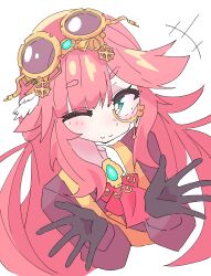 1girl absurdres aivy_lovencraft blush commentary fanart ferumon gloves goggles goggles_on_head green_eyes highres indie_virtual_youtuber long_hair looking_at_viewer monocle one_eye_closed pink_hair solo virtual_youtuber vtuber vtuberfanart white_background
