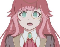 1girl absurdres aivy_lovencraft fanart green_eyes hashtag-only_commentary highres indie_virtual_youtuber long_hair looking_at_viewer monocle open_mouth otelopen pink_hair virtual_youtuber vtuber vtuberfanart white_background