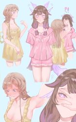  !? 2girls bare_legs black_hair blue_eyes blush bow brown_hair caw_25 columbina_(genshin_impact) full-face_blush genshin_impact hair_ornament hand_on_another's_face head_wings highres long_hair multicolored_hair multiple_girls open_mouth pajamas pink_bow pink_pajamas purple_hair purple_streaks ribbon sandrone_(genshin_impact) short_hair_with_long_locks simple_background streaked_hair two-tone_hair very_long_hair violet_eyes white_wings wing_hair_ornament wings yellow_pajamas 