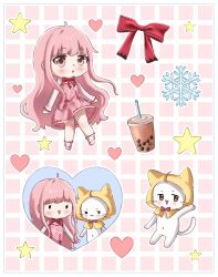  1girl :o ahoge animal ankle_socks black_eyes bloom_poetry_(shining_nikki) blunt_bangs border bow bowtie brown_hair bubble_tea cat chibi cloak clothed_animal commentary cross-laced_clothes cross-laced_dress cross-laced_legwear cup disposable_cup dot_nose dress dress_bow dress_ribbon drinking_straw ear_covers english_commentary eyelashes grid_background heart highres hood hood_up hooded_cloak light_blush long_hair long_sidelocks long_sleeves looking_at_viewer medium_dress momo_(nikki) multiple_views navel nikki_(nikki) nikki_(series) nonoberry22 open_mouth outline pink_background pink_dress pink_hair plaid_clothes plaid_dress red_bow red_bowtie red_ribbon ribbon shining_nikki shirt shoes sidelocks smile snowflakes socks solid_oval_eyes star_(symbol) sticker_(medium) traditional_bowtie very_long_hair waving wavy_hair whiskers white_border white_cat white_outline white_shirt white_shoes white_socks yellow_cloak 