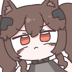  1girl angelina_(arknights) animal_ear_fluff animal_ears arknights arknights:_endfield chibi chibi_only close-up double-parted_bangs dress fox_ears fox_girl gilberta_(arknights) grey_dress hashtag-only_commentary hodumileu light_frown looking_at_viewer lowres red_eyes serious simple_background solo upper_body v-shaped_eyebrows white_background 