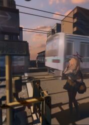  1boy 1girl alt_text bag black_skirt blue_archive blue_sky boom_barrier boots brown_hair building chinatsu_(blue_archive) commentary corrupted_twitter_file english_commentary gloves gradient_sky halo highres knee_boots long_hair long_sleeves low_twintails motion_blur orange_sky outdoors overhead_line pantyhose pleated_skirt pointy_ears power_lines railroad_crossing railroad_signal red_gloves red_halo red_pantyhose road sensei_(blue_archive) shark1n shirt shoulder_bag skirt sky street streetcar sunset twintails urban white_shirt 