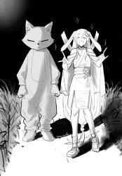  2girls :< :d ^_^ animal_costume bare_shoulders black_background boots cho_kaguya-hime! clenched_hands closed_eyes closed_mouth double_fox_shadow_puppet facing_viewer fang fox_costume fox_shadow_puppet frown full_body gloves greyscale highres japanese_clothes kaguya_(cho_kaguya-hime!) kimono meme monochrome multiple_girls night outdoors sakayori_iroha shadow shoes signature smile sneakers sparkle standing tomseachi why_dis_ninja_look_so_mad_(meme) 