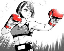  1girl abs bob_cut boxing boxing_gloves boxing_shorts breasts commentary_request fighting_stance frown gloves greyscale hatching_(texture) highres lee_(dragon_garou) monochrome original red_gloves serious short_hair shorts small_breasts solo spot_color toned toned_female v-shaped_eyebrows 