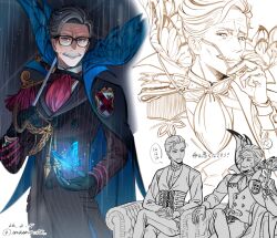  2boys anger_vein ascot black_gloves bow bowtie brown_coat bug butterfly coat commentary_request corset crossed_legs cursive dated epaulettes facial_hair fate/grand_order fate_(series) gloves grey_hair highres holding holding_removed_eyewear holding_umbrella inaina_08 james_moriarty_(archer)_(fate) male_focus mature_male multiple_boys multiple_views mustache old own_hands_together pants pinstripe_coat rain sherlock_holmes_(fate) short_hair single_epaulette sitting smile speech_bubble spoken_anger_vein twitter_username umbrella unworn_eyewear vest wrinkled_skin 