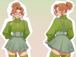  1girl absurdres anaessbae artist_logo blue_eyes clothes_lift commentary deadlock_(game) english_commentary facing_away facing_viewer glasses gradient_background green_background green_skirt green_sweater green_thighhighs hands_in_pockets high_ponytail highres jewelry lifting_own_clothes logo looking_at_viewer looking_back multiple_views necklace orange_background orange_hair outline paige_(deadlock) ponytail red-framed_eyewear round_eyewear short_ponytail skirt skirt_lift solo suspender_skirt suspenders sweater thigh-highs thighs turtleneck turtleneck_sweater wavy_hair white_outline zettai_ryouiki 