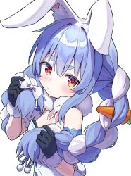  1girl animal_ear_fluff animal_ears black_gloves black_leotard blue_hair braid breasts carrot_hair_ornament coat_dress detached_sleeves don-chan_(usada_pekora) dress food-themed_hair_ornament fur-trimmed_gloves fur_trim gloves hair_ornament hashtag-only_commentary highres hololive kaie leotard leotard_under_clothes long_hair looking_at_viewer multicolored_hair puffy_short_sleeves puffy_sleeves rabbit-shaped_pupils rabbit_ears rabbit_girl red_eyes short_eyebrows short_sleeves simple_background small_breasts smile solo strapless strapless_dress strapless_leotard symbol-shaped_pupils teeth thick_eyebrows twin_braids twintails two-tone_hair usada_pekora usada_pekora_(1st_costume) virtual_youtuber white_background white_dress white_hair white_sleeves 