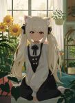  1girl absurdres animal_ears black_bow black_hair blonde_hair blush bow closed_mouth curtains dress hair_bow highres kgt_(pixiv12957613) long_hair long_sleeves looking_at_viewer no_shoes original plant scenery shirt sitting smile socks solo twintails violet_eyes wariza white_shirt window 