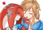 1boy 1girl blonde_hair blue_shirt brown_eyes collarbone colored_skin earrings feeding food fruit hair_ornament hetero holding holding_food holding_fruit jewelry link long_hair mipha portrait profile red_skin shirt the_legend_of_zelda the_legend_of_zelda:_breath_of_the_wild tuki_0427 zora