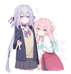  2girls absurdres alternate_costume alternate_hairstyle aqua_eyes aqua_hair aqua_nails aqua_scrunchie artist_name black_choker black_jacket black_skirt bow butterfly_choker castorice_(honkai:_star_rail) choker clothes_around_waist collared_shirt commentary_request cowboy_shot flying_sweatdrops gradient_hair gyaru gyaru_v hair_down hair_ribbon highres honkai:_star_rail honkai_(series) hyacine_(honkai:_star_rail) jacket jacket_around_waist kogal long_hair long_sleeves looking_at_viewer multicolored_hair multiple_girls nail_polish pink_hair pink_jacket pleated_skirt pointy_ears purple_bow purple_hair purple_nails purple_ribbon ribbon school_uniform scrunchie shirt simple_background skirt smile sweater_vest twitter_username two-tone_hair uwasewau v violet_eyes white_background white_ribbon white_shirt wrist_scrunchie yellow_sweater_vest 