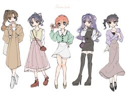  5girls :3 black_dress black_eyes black_hair blue_eyes blue_hair brown_dress brown_hair cocoa_681 collarbone dress full_body highres kunou_kodachi kuonji_ukyou multiple_girls no_nose orange_eyes pink_skirt purple_hair ranma-chan ranma_1/2 shampoo_(ranma_1/2) short_hair side_ponytail skirt tendou_akane twintails violet_eyes white_skirt 