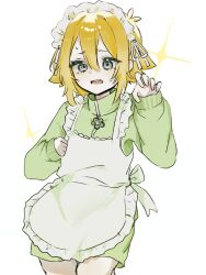  1boy alternate_costume antenna_hair apron basil_(faraway)_(omori) basil_(omori) blonde_hair blue_eyes commentary_request crossdressing crossdressing_(mtf) enmaided green_shorts jersey_maid long_sleeves looking_at_viewer maid maid_headdress male_maid omori open_mouth outo401kyouhu short_hair shorts sidelocks simple_background smile solo sweat teeth unconventional_maid upper_teeth_only white_apron white_background 