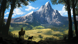  1other animal blue_sky clouds commentary dog english_commentary field from_behind grass horse horseback_riding landscape mountain original outdoors painterly riding scenery sky sylvain_sarrailh tree web_address 