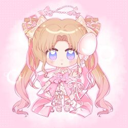  1girl :o absurdly_long_hair arm_warmers back_bow bare_shoulders beads blonde_hair blue_eyes blush_stickers bow bubble chibi chinese_commentary commentary_request double_bun dreamtime_bestowed_(infinity_nikki) dress expressionless footwear_bow frilled_arm_warmers frills gradient_hair hair_beads hair_bow hair_bun hair_ornament hair_ribbon hair_spread_out halftone halftone_background halo heart heart_hair_ornament holding holding_spoon infinity_nikki large_bow layered_dress leg_ribbon long_hair looking_at_viewer medium_dress multicolored_eyes multicolored_hair nikki_(series) open_mouth outline oversized_object parted_bangs pink_background pink_bow pink_dress pink_hair pink_outline pink_ribbon pink_shoes ribbon shoes sleeveless sleeveless_dress solo spaghetti_strap spoon sprinkles standing straight-on tareme twintails two-tone_eyes two-tone_hair very_long_hair violet_eyes wavy_hair white_arm_warmers white_bow white_dress yu_wo_eryan_xiang_chuntian_de_ni 