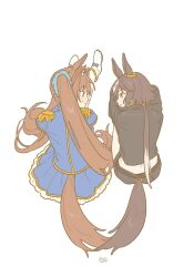  2girls animal_ears artist_name back black_jacket blush brown_hair commentary_request daiwa_scarlet_(peak_blue)_(umamusume) daiwa_scarlet_(umamusume) eye_contact highres horse_ears horse_girl horse_tail jacket korean_commentary looking_at_another multiple_girls sitting smile tail tiara twintails umamusume vodka_(umamusume) vodka_(wild_top_gear)_(umamusume) vodkaaaaa yuri 