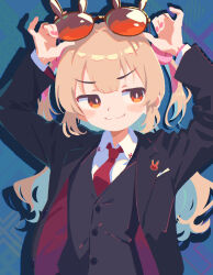  1girl arms_up black_jacket black_vest blonde_hair blue_background blunt_bangs blush buttons closed_mouth collared_shirt commentary_request drop_shadow eyewear_on_head highres jacket layered_sleeves long_hair long_sleeves looking_to_the_side natori_sana necktie no_lineart open_clothes open_jacket orange-tinted_eyewear orange_eyes rabbit-shaped_eyewear red_necktie sana_channel shirt smile solo sunglasses takarai_shunsuke tinted_eyewear two_side_up upper_body vest virtual_youtuber white_shirt 