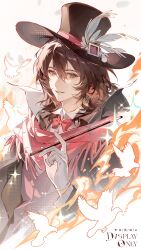  1boy absurdres bird black_coat black_hat bow bowtie brown_eyes brown_hair chinese_commentary coat collared_shirt commentary_request cropped_torso dove fire gloves hair_between_eyes hat hat_feather highres holding holding_wand jacket klein_moretti long_sleeves looking_at_viewer lord_of_the_mysteries magician's_wand male_focus medium_hair merlin_hermes parted_lips red_bow red_bowtie red_scarf sanyue_qiushi scarf shirt smile solo sparkle top_hat upper_body vest wand watermark white_background white_gloves white_shirt 