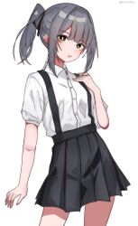  1girl adapted_costume alternate_hair_length alternate_hairstyle black_skirt blunt_bangs brown_eyes collared_shirt commentary_request cowboy_shot dress_shirt grey_hair hand_on_own_chest highres kantai_collection kasumi_(kancolle) medium_hair miron_(mirona33) pleated_skirt shirt simple_background skirt solo suspender_skirt suspenders white_background white_shirt 