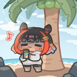  1girl :3 beach black_hair black_shorts blue_sky blunt_bangs blush_stickers character_request chibi chibi_only closed_eyes closed_mouth clouds commentary_request day drink_carton drinking drinking_straw full_body hair_ornament hairclip holding holding_drink_carton hood hood_down hoodie korean_commentary long_sleeves monyami multicolored_hair musical_note ocean orange_hair outdoors palm_tree parallel_hairclips sand shorts sky solo standing tree trickcal white_hoodie 