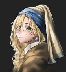  1girl black_background blonde_hair braid brown_coat closed_mouth coat collared_shirt colored_eyelashes commentary earrings english_commentary eyes_visible_through_hair fine_art_parody girl_with_a_pearl_earring green_eyes hair_over_one_eye hair_over_shoulder halfstar_(shining_nikki) happy head_tilt headscarf highres jewelry light_blush lipstick long_hair long_sleeves makeup nikki_(series) nonoberry22 parody pearl_earrings pink_lips pointy_nose shining_nikki shirt simple_background single_braid smile solo upper_body white_shirt yellow_headscarf yellow_pupils 