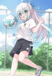  1girl :o absurdres ahoge ball black_shorts blue_eyes blue_hair blue_wristband commentary_request fence grey_hair gym_shirt gym_shorts gym_uniform highres long_hair looking_at_object mahou_tsukai_to_kuroneko_no_wiz mikumiku37 multicolored_hair open_mouth outdoors relm_rollot shirt shoes short_sleeves shorts sneakers soccer soccer_ball solo sweatband two-tone_hair white_footwear white_shirt wristband 