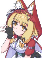  1girl absurdres animal_ear_fluff animal_ears arknights arknights:_endfield black_gloves blonde_hair cape closed_mouth commentary dress ears_through_headwear fingerless_gloves gloves highres hood hood_up hooded_cape red_cape risu_(risu028) rossi_(arknights) simple_background smile solo white_background white_dress wolf_ears wolf_girl yellow_eyes 