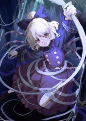  1girl alternate_color arthropod_girl arthropod_limbs black_background blue_bow blue_dress blue_shirt bow brown_eyes buttons commentary_request crossed_belts dated double-breasted dress dress_over_shirt frilled_sleeves frills green_background hair_bow highres kurodani_yamame light_rays long_sleeves looking_at_viewer medium_hair oito_(bowstringsmall) open_mouth overlighting parted_bangs ponytail shirt silk sleeveless sleeveless_dress smile solo spider_girl spider_web swinging_on_vine touhou twitter_username white_hair 