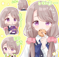  1girl :o black_vest blue_bow blue_bowtie blush bow bowtie brown_hair chocolate_chip_cookie collared_shirt commentary_request cookie dot_nose drop_shadow food hair_ornament hair_scrunchie highres holding holding_food long_hair long_sleeves looking_at_viewer low_twintails mike_mochi mono_(afro) multiple_views open_mouth outline pink_scrunchie polka_dot polka_dot_background scrunchie shikishima_sakurako shirt twintails upper_body vest violet_eyes white_outline white_shirt yellow_background 