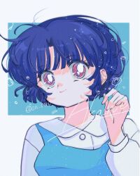  1girl absurdres blue_background blue_hair character_name closed_mouth en_0410 fuurinkan_high_school_uniform highres pale_skin pink_eyes ranma_1/2 school_uniform short_hair smile solo tendou_akane upper_body 
