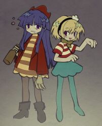  2girls alternate_costume ankle_boots aqua_pantyhose aqua_skirt black_hairband blonde_hair blunt_bangs blunt_ends boots bottle brown_boots brown_dress brown_pantyhose brown_scarf commentary disgust dot_nose dress empty_eyes english_commentary fang full_body furude_rika grey_background hairband higurashi_no_naku_koro_ni hime_cut holding houjou_satoko jacket lapels long_hair looking_at_viewer multiple_girls no_shoes open_mouth pantyhose pink_eyes purple_hair red_jacket red_shirt scarf shirt short_hair short_sleeves skirt striped_clothes striped_dress striped_shirt two-tone_shirt v1v404 violet_eyes white_shirt wine_bottle yellow_dress 