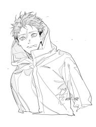  1boy closed_mouth commentary cropped_torso fic_kle greyscale highres hood hood_up hooded_jacket itadori_yuuji jacket jujutsu_kaisen male_focus monochrome scar scar_on_face scar_on_mouth short_hair simple_background solo twitter_username untranslatable_commentary white_background 