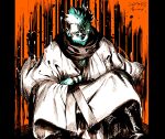  1boy black_socks commentary_request dated facial_tattoo greyscale_with_colored_background highres japanese_clothes jujutsu_kaisen kimono kotteri looking_at_viewer orange_background ryoumen_sukuna_(jujutsu_kaisen) scarf simple_background sitting socks solo spiky_hair tattoo 