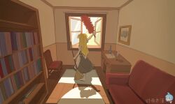  1girl annotation_request apron artist_name barefoot black_dress blonde_hair book bookshelf broom carpet chair cleaning commentary_request day dress frilled_apron frills from_behind holding holding_broom indoors kirisame_marisa long_hair mini-hakkero paper picture_frame puffy_short_sleeves puffy_sleeves quill shadow shi_yu_mu_xi shirt short_sleeves sleeveless sleeveless_dress solo standing sword table touhou waist_apron weapon white_apron white_shirt wide_shot window window_light wooden_chair 