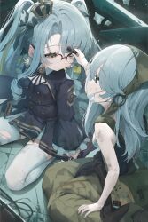  2girls absurdres baggy_pants black_dress child clothes_around_waist crown dirty dirty_arm dirty_clothes dirty_face dirty_hands dress drill_hair drill_sidelocks earrings glasses gloomyowl goddess_of_victory:_nikke highres jewelry long_hair mask mini_crown mouth_mask multiple_girls over-rim_eyewear pants princess_(nikke) red-framed_eyewear semi-rimless_eyewear sidelocks stall_iii_(nikke) thigh-highs torn_clothes torn_dress twin_drills white_hair white_thighhighs 