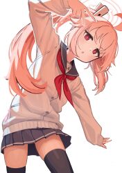  1girl absurdres ahoge black_sailor_collar black_skirt black_thighhighs blue_archive cardigan commentary_request halo highres long_hair long_sleeves looking_at_viewer natsu_(blue_archive) neckerchief open_mouth pink_hair pleated_skirt red_eyes red_neckerchief sailor_collar school_uniform serafuku side_ponytail simple_background skirt solo tanuk thigh-highs v white_background white_cardigan zettai_ryouiki 