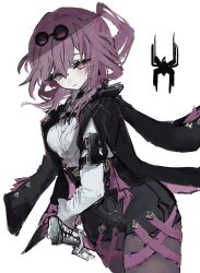  1girl black_jacket black_shorts blank_eyes breasts bug closed_mouth cowboy_shot eyewear_on_head gloves high-waist_shorts highres holding holding_sword holding_weapon honkai:_star_rail honkai_(series) jacket kafka_(honkai:_star_rail) large_breasts long_sleeves ogfqd pantyhose pince-nez purple_gloves purple_hair purple_pantyhose shirt shorts smile solo spider spider_web_print sword violet_eyes weapon white_shirt white_sleeves 