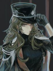  1girl absurdres black_coat black_dress black_hat chinese_commentary closed_mouth coat coat_on_shoulders commentary_request corvus_(reverse:1999) dress grey_background grey_eyes grey_hair hand_on_headwear hat highres long_hair looking_at_viewer peaked_cap red_sash reverse:1999 sash shoulder_sash solo stitched_face stitches tueminge upper_body 