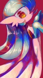  1girl alternate_color alternate_hair_length alternate_hairstyle back blue_hair blue_skin closed_mouth colored_skin commentary from_behind gardevoir gou_(pixiv_24579323) hair_over_one_eye hand_up happy highres long_hair looking_at_viewer looking_back multicolored_skin one_eye_covered orange_eyes pokemon pokemon_(creature) red_background shiny_pokemon simple_background smile solo standing two-tone_skin white_skin 