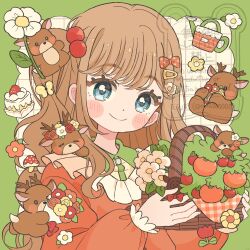  1girl basket blue_eyes blush_stickers border bouquet bow brown_hair cake cake_slice closed_mouth commentary eeppa flower food green_border grid_background hair_bow hair_ornament hairclip highres holding holding_basket holding_bouquet leaf long_hair long_sleeves looking_at_viewer original outside_border polka_dot polka_dot_bow red_bow red_flower red_shirt shirt smile solo tomato twitter_username untranslatable_commentary upper_body watering_can watermark white_background white_flower 