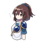  1girl arle_nadja armor blue_shirt blush brown_hair collarbone cropped_torso eyelashes hair_between_eyes kashima_miyako madou_monogatari ponytail puyopuyo shirt short_sleeves shoulder_armor simple_background single_shoulder_pad solo sweatdrop translation_request vest white_background white_vest 