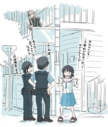  1boy 3girls apartment black_hair black_pants black_shirt black_vest blue_neckerchief blue_shirt blue_skirt brown_hair cho_kaguya-hime! collared_shirt commentary_request green_eyes hair_bun hands_on_own_hips highres kaguya_(cho_kaguya-hime!) long_hair medium_skirt multiple_girls neckerchief open_mouth outdoors pants pleated_skirt police police_uniform policeman policewoman python_octopus raised_inner_eyebrows sailor_collar sakayori_iroha school_uniform serafuku shirt short_hair short_sleeves single_hair_bun skirt t-shirt translation_request utility_pole vest white_sailor_collar white_shirt 
