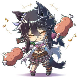  1girl animal_ears asymmetrical_footwear bandaid bandaid_on_face bandaid_on_nose belt black_hair black_skirt blush brown_belt chest_sarashi chibi closed_eyes coat commentary_request food full_body hands_up high_ponytail highres holding holding_food horse_ears horse_girl horse_tail kirimmitsu long_hair meat midriff mismatched_footwear mouth_hold musical_note narita_brian_(maverick)_(umamusume) narita_brian_(umamusume) open_clothes open_coat pleated_skirt ponytail rope sarashi shimenawa skirt smile solo stalk_in_mouth tail twitter_username umamusume 