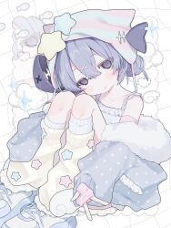  1girl bare_shoulders blue_hair blue_jacket blue_shirt blue_shoes blush_stickers collarbone commentary crossed_bangs dot_nose double-parted_bangs full_body hair_between_eyes hair_ornament highres itetenoi jacket kneehighs long_sleeves looking_at_viewer off_shoulder open_clothes open_jacket open_mouth original ribbed_socks shirt shoes short_hair sitting sleeveless sleeveless_shirt sneakers socks solo striped_hat untranslatable_commentary violet_eyes x_hair_ornament yellow_socks 