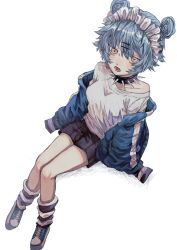  1girl black_shorts blue_hair blue_jacket blue_shoes collar commentary_request double_bun from_above full_body hair_bun hair_ornament hairclip highres invisible_chair jacket long_sleeves looking_at_viewer open_clothes open_jacket open_mouth original parallel_hairclips saku050524 shirt shoes short_hair shorts sitting sneakers solo spiked_collar spikes t-shirt track_jacket white_background white_shirt 
